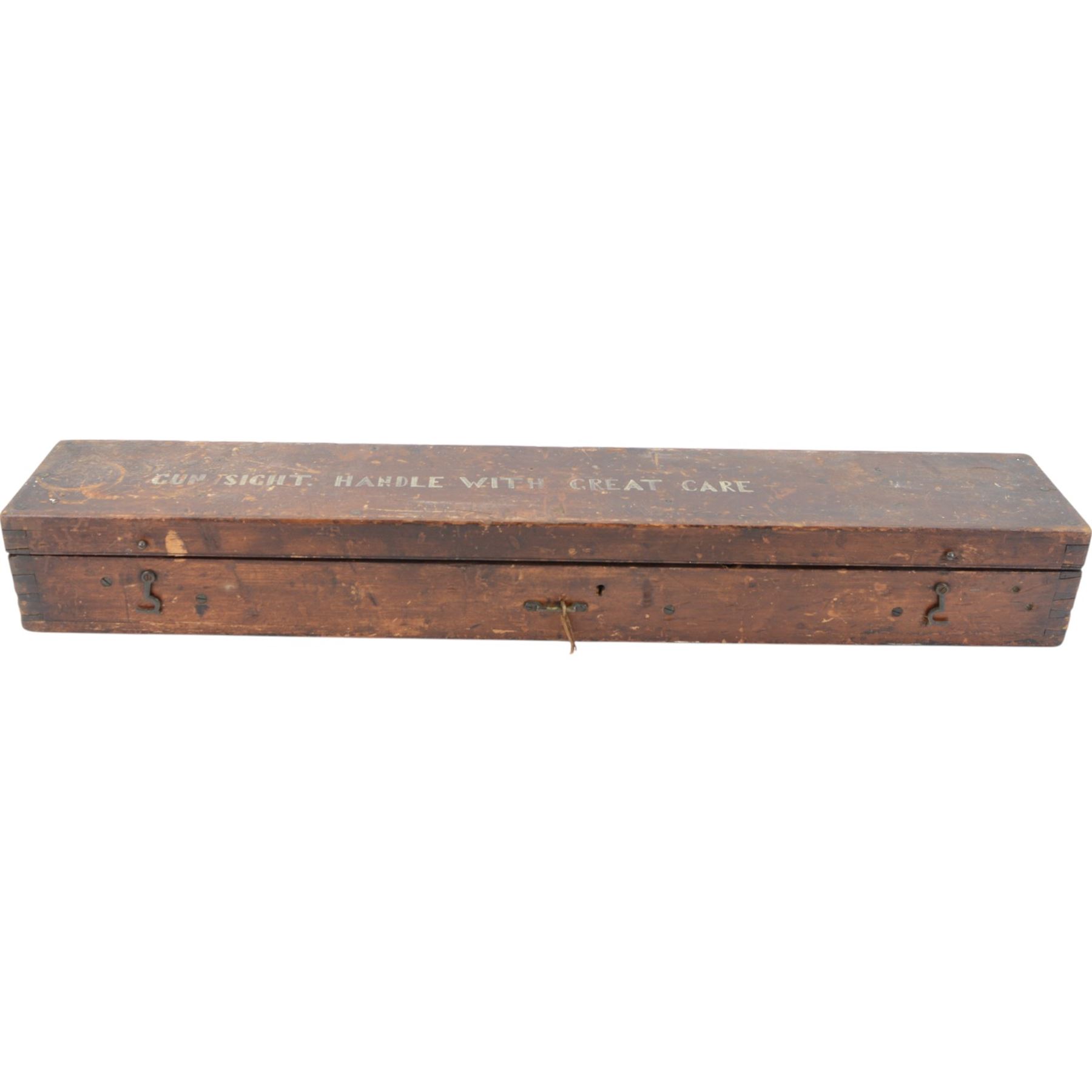 Ross of London  gun scope no 57680, in wooden case marked 'Gun Sight Handle with Great Care', L88cm