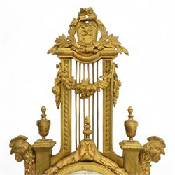French- late 19th century cast brass and ormolu 8-day cartel wall clock, with a profusely decorated case comprising urn finials garland wreaths, ribbon bows and French cockerels, white enamel dial with minute track, Arabic numerals, garland swags and pierced gilt hands, twin train movement with a recoil anchor escapement and countwheel strike, striking the hours and half-hours on a bell. With pendulum and key.