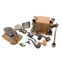 Vintage pipes and smoking related items including 'Falcon' and 'Dr Grabow' pipes, small wooden pipe rack/box and other related items