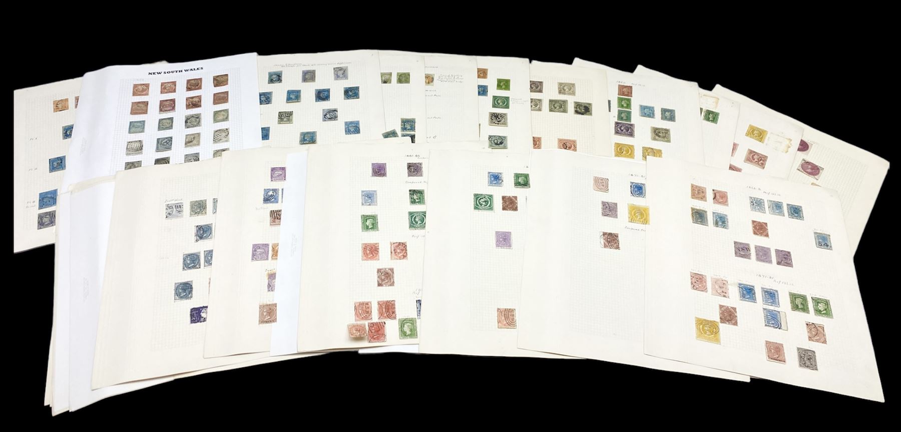 Australia New South Wales stamps, including 1850-4 various imperf issues, 1854-6 including five pence, six pence, one shilling etc, 1856-60 registered letter stamps, 1861-88 five shillings etc, housed on pages