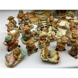 Extensive collection of Pendelfin rabbits and stands, to include Betsy Barge, Fruit Shop, Uncle Soames, Event Piece etc, many with original boxes 