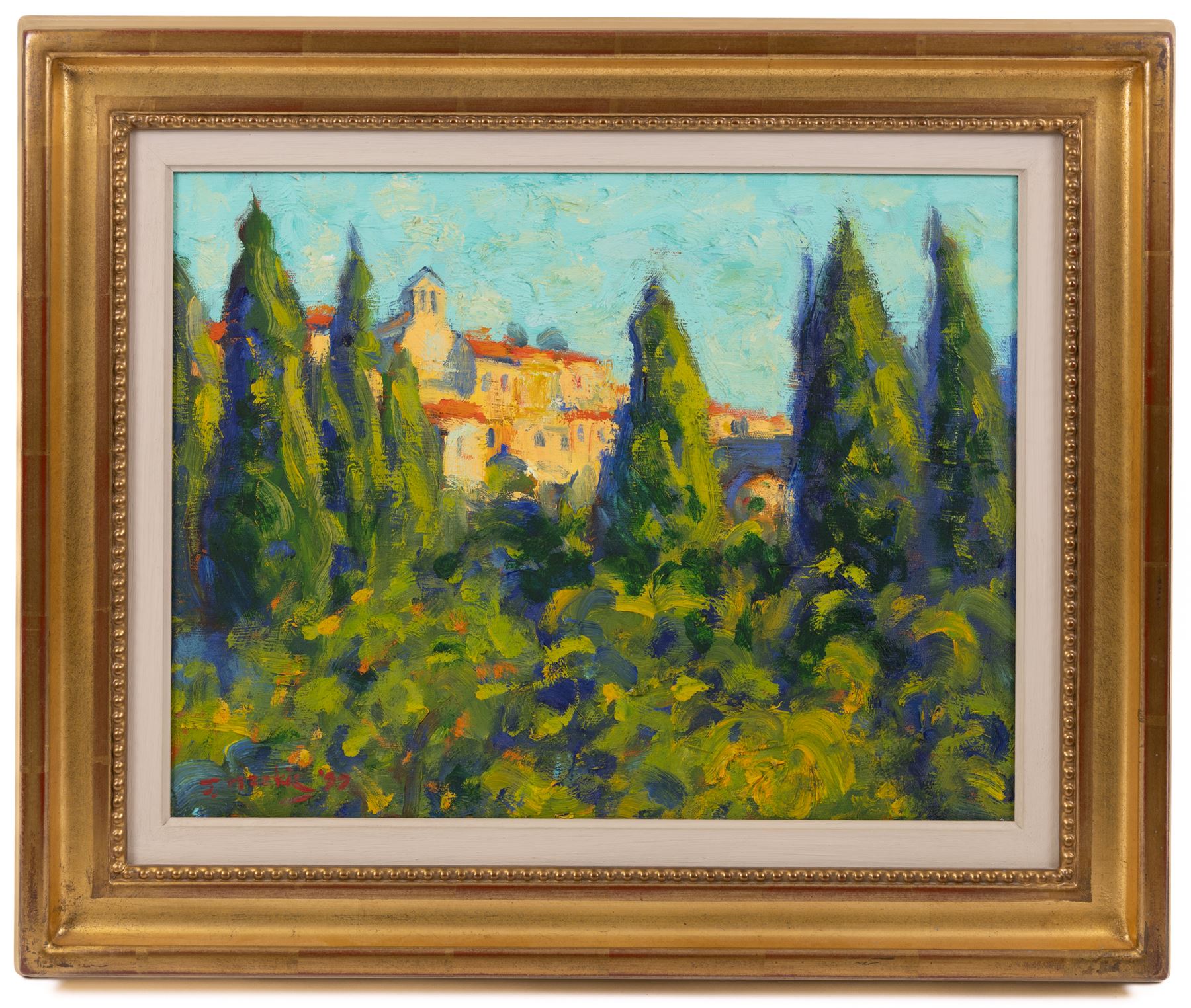 John Mackie (Scottish 1953-): 'The Village of Minerva', oil on canvas signed and dated '99, titled verso 34cm x 44cm 