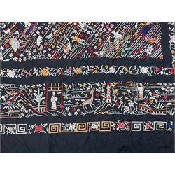 Chinese silk shawl, the central panel colourfully embroidered with figural scenes, farm animals, birds and landscapes upon a black ground, with black tassel edging, not including tassels L172cm, W174cm