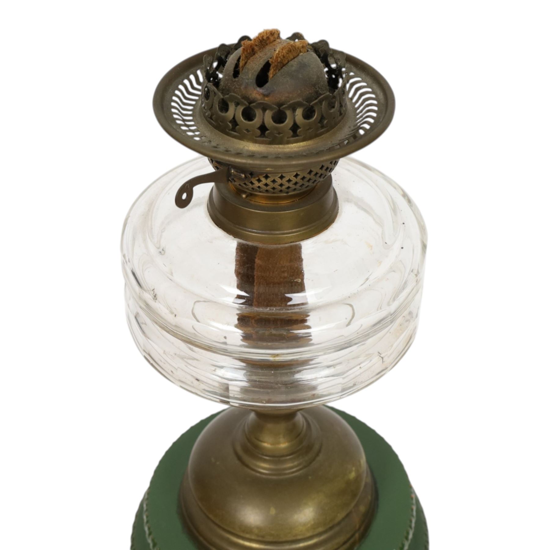 Silvered ceiling light with etched drop shade together with oil lamp with clear glass reservoir, ceiling lamp H38cm