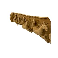 High relief carved cherry wood wall art - eight galloping horses with mountainous background