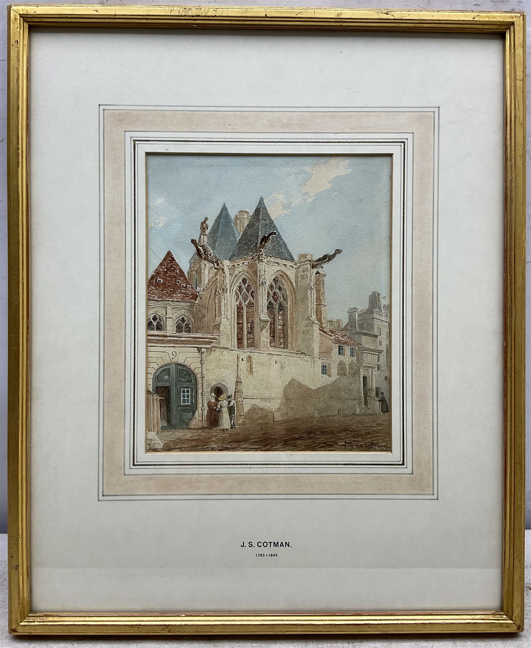 John Sell Cotman (British 1782-1842): Figures Gathered Outside a Church, watercolour signed 19.5cm x 16cm