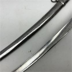 Early 19c Light Cavalry trooper's sword, the Russian 86cm curving fullered blade with cyrillic inscription to backedge dated 1827 and stamped marks to ricasso, 1st Empire French three-bar brass hilt with oval langets, stamped marks to knucklebow and leather grip; in polished steel scabbard with two suspension rings L106cm overall