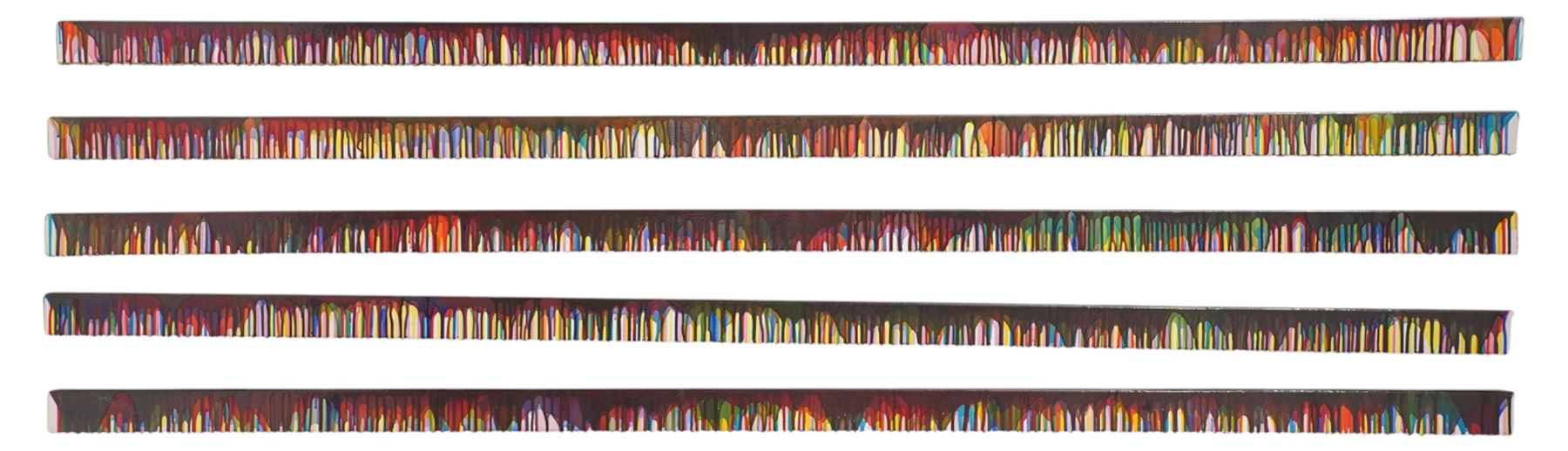 Gillian Ross Kelsey (British 1935-2025): 'Long Deep Purple Drips', set of five acrylic glazes on wood unsigned all 240cm x 5cm x 5cm (5) (unframed)