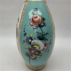 Pair of late 19th century Helena Wolfsohn vases and covers, each of compressed bottle form with tall neck, painted with alternating panels of romantic scenes and floral sprays upon turquoise ground between gilt borders, with Augustus Rex mark to base, H35cm