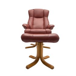 Mid-20th century design reclining armchair with swivel action, upholstered in red leather, raised on U-shaped supports with quadruform base, with matching footstool