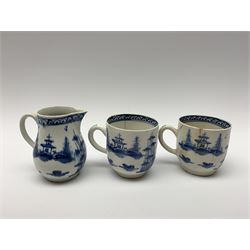 Two 18th century Bow coffee cups, together with a sparrow beak jug, circa1754, each decorated with bird, fence and rockwork, cups H6.5cm, jug H7.5cm