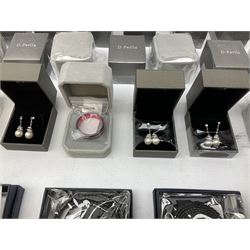 Silver jewellery including thirty pairs of earrings and three necklaces, all stamped 925 and a collection of costume jewellery including tungsten rings, all boxed 