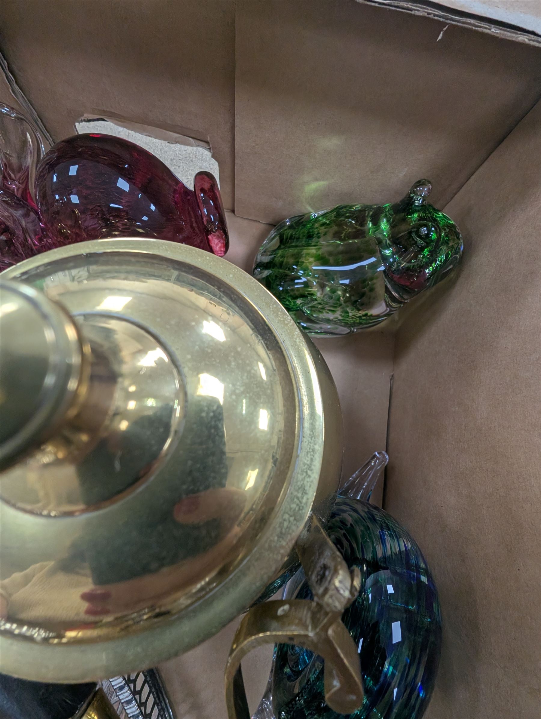 Five Wedgewood glass animals, iridescent mushroom paperweight, Type 6 Eccles brass safety lamp and a collection of metalware, glassware etc