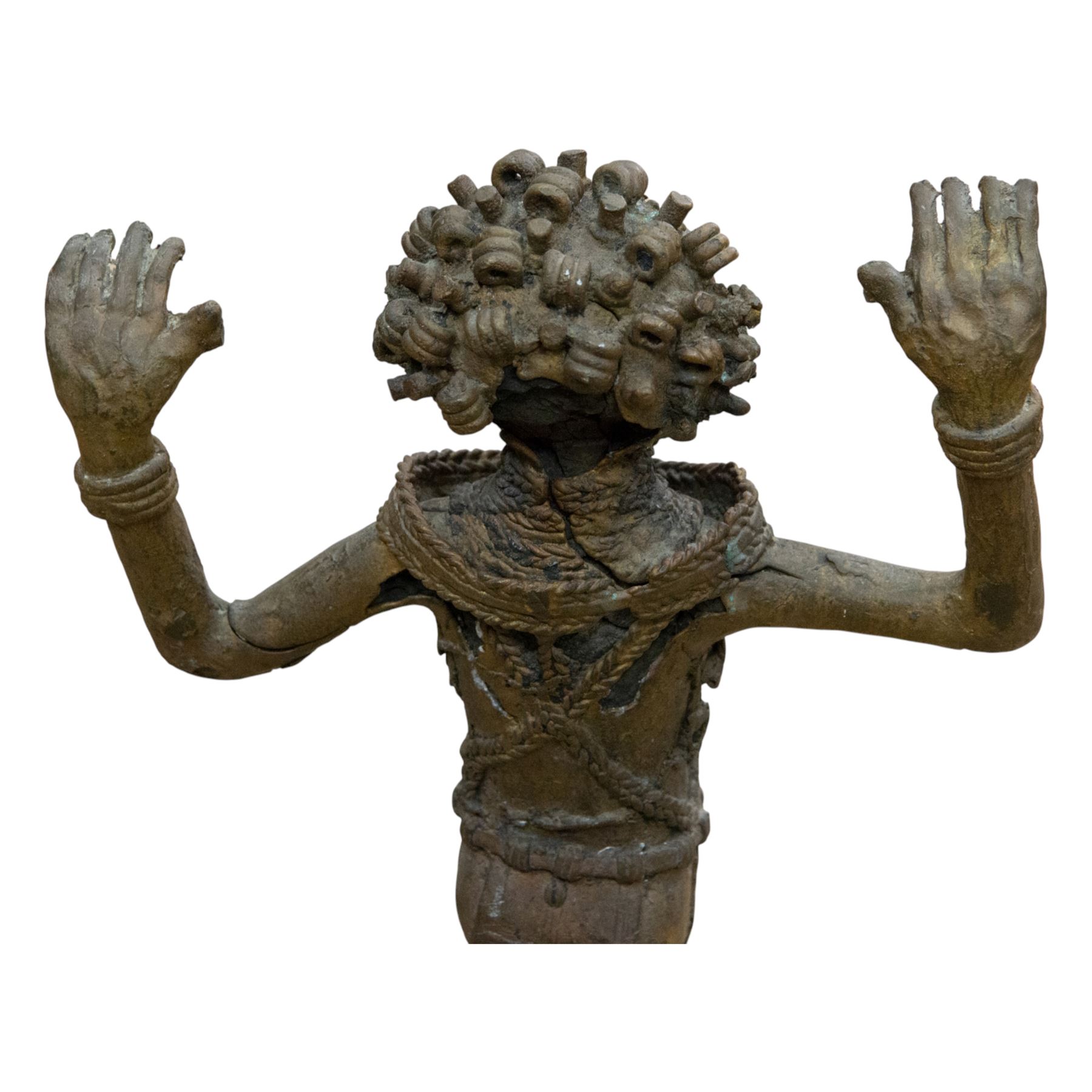 Pair of Benin bronze statures, modelled as a male and female, with armed raised, upon a square base, H76cm