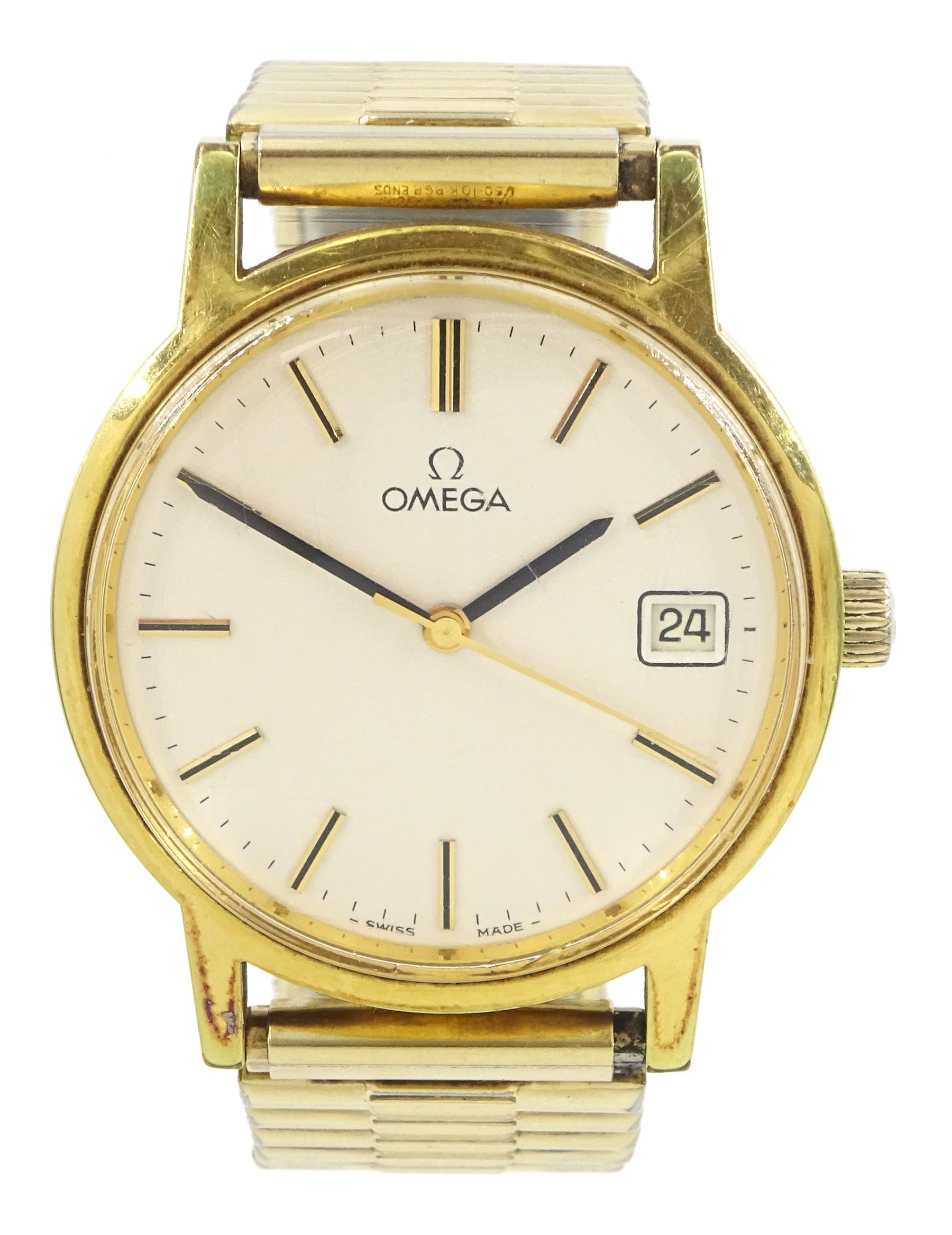 Omega gentleman's gold-plated and stainless steel manual wind wristwatch, Ref. 136.0104, Cal. 1030, silvered dial with baton hour markers and date aperture, on expanding gilt strap, boxed