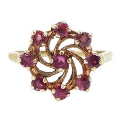 9ct gold ruby cluster ring, nine round cut rubies in a swirl design setting, London 1988