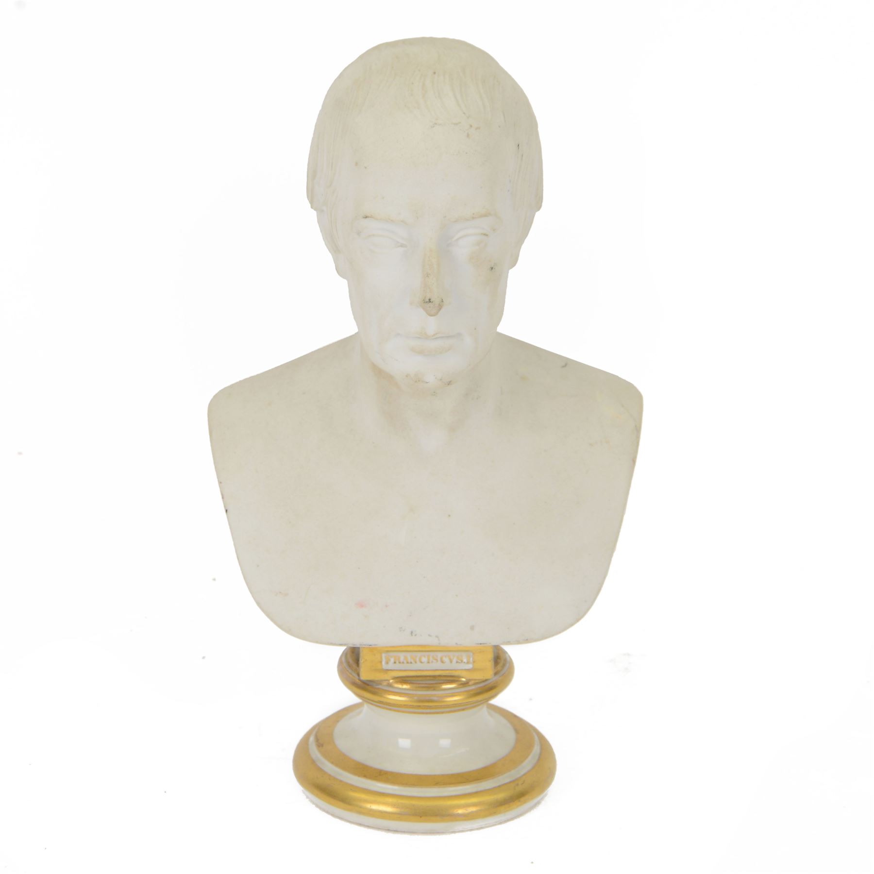 19th century Viennese biscuit bust, probably Imperial porcelain Manufactory, modelled as Emperor Francis I of Austria (1768-1835), upon a glazed porcelain socle inscribed 'FRANCISCVS.I.', with impressed marks beneath, H28.5cm
