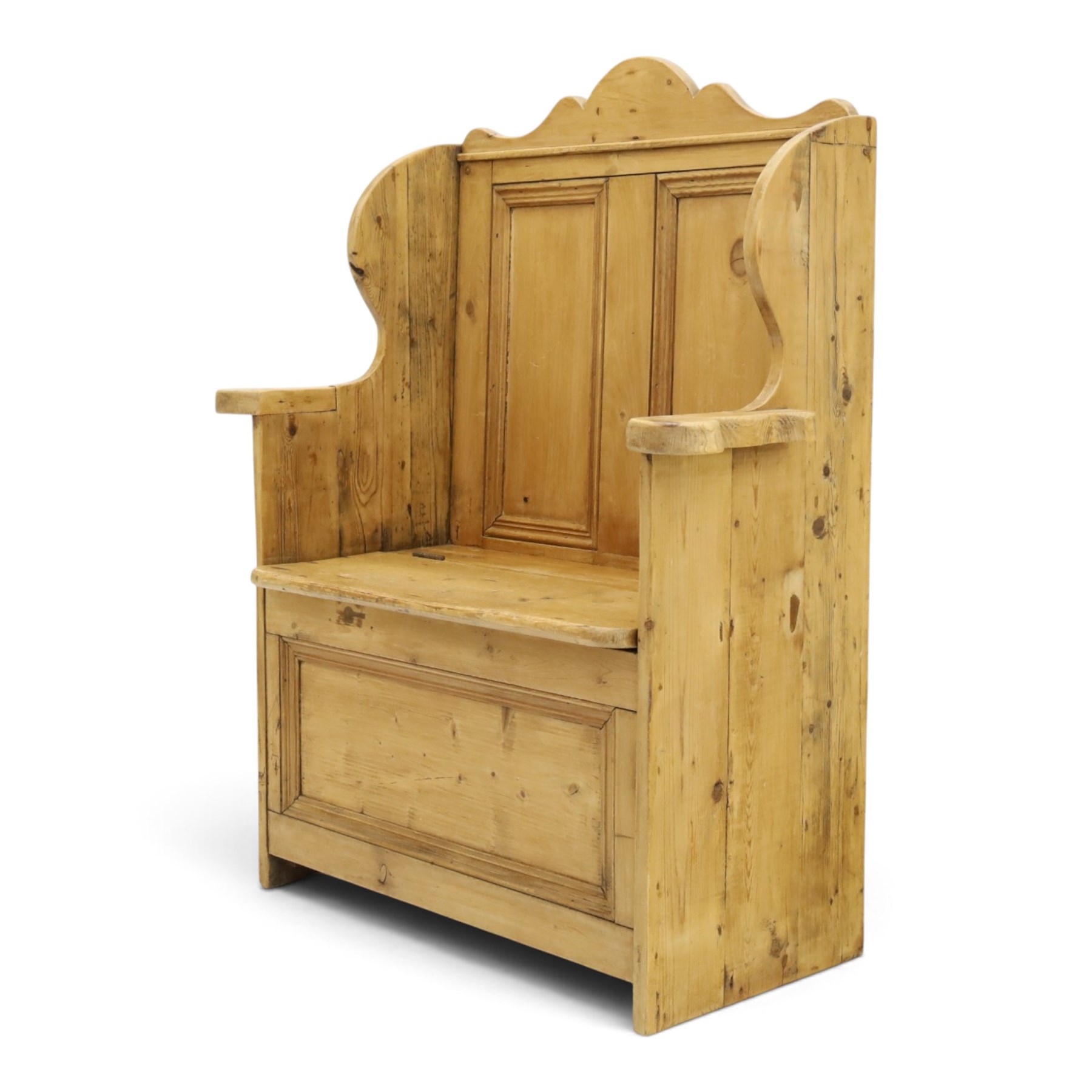 Victorian waxed pine settle or hall bench, shaped cresting rail over double panelled back, outswept arms on hinged box-seat, on end supports