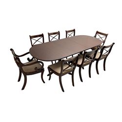 Regency design mahogany extending dining table, oval top with crossbanding; and set eight (6+2) Regency design dining chairs chairs, raised on sabre supports