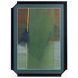 Makiko (Japanese Contemporary): Abstract in Green and Gold, watercolour signed and dated '90 beneath mount verso 50cm x 35cm 