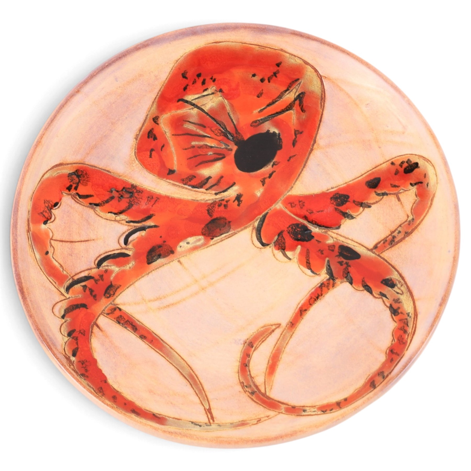 Monique Brunner - earthenware plates, decorated with fish and shellfish, upon a pink and cream ground, signed Vallauris beneath, six D20cm, one D24cm  