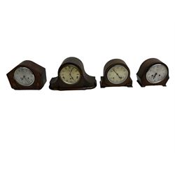 Three oak cased 1950’s spring driven striking mantle clocks and a 1930’s spring driven Westminster chiming mantle clock. With pendulums.