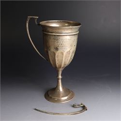 1930s silver trophy cup, of typical part fluted form with presentation engraving to body, with twin handles, one broken loose, hallmarked 	Charles Boyton & Son Ltd, London 1931, H21cm