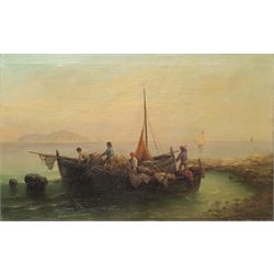 A Vescovi (19th/20th century): Mediterranean Fisherfolk Hauling the Nets, oil on canvas signed 42cm x 68cm