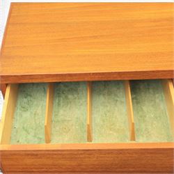 Mid-20th century teak sideboard, rectangular top above four frieze drawers with recessed handles, flanked by two cupboard doors with fall front central media cupboard