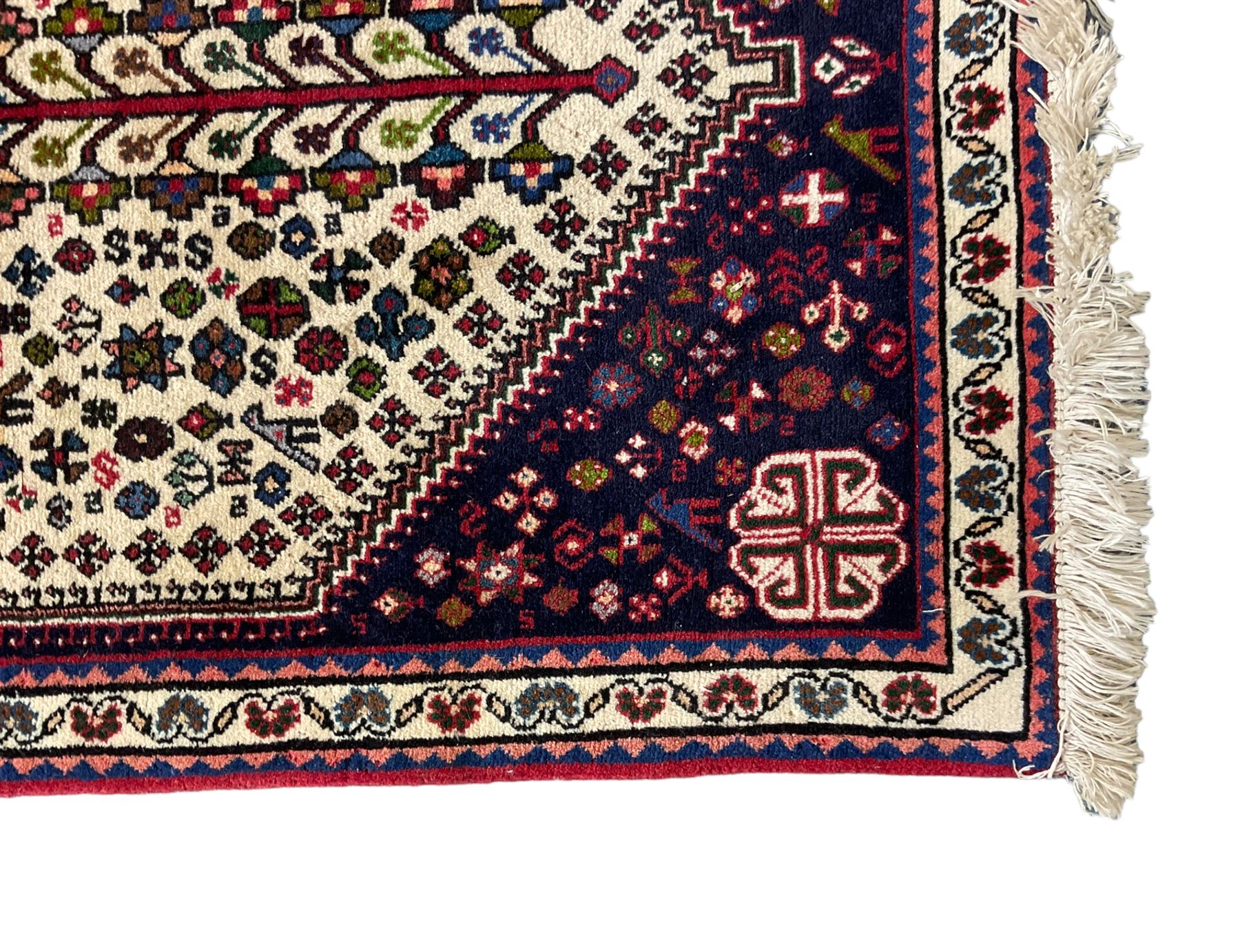 Persian Abadeh indigo ground runner rug, ivory field with pole medallion surrounded by plant and bird motifs and contrasting spandrels, border with interlaced flowerheads