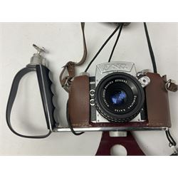 Collection of cameras and lenses, to include Pentax Program A camera body, serial no 123759, with 'Pentax-A zoom 1:3.5-4.5 28-80mm' len, Praktica EE2 camera body with 'Pentacon electric 1.8/50' lens etc, together with a Manfrotto tripod 