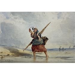 Kate E Booth (British fl.1850-1898): Fisherwoman and Child, watercolour signed 14cm x 20cm