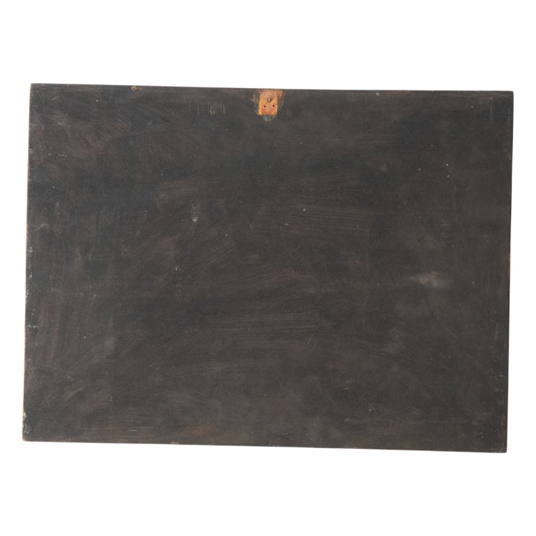 Two French Indochinese period paintings on wood, depicting riverscapes, together with French Indochinese poster, circa 1947-58, paintings H30cm, L40cm