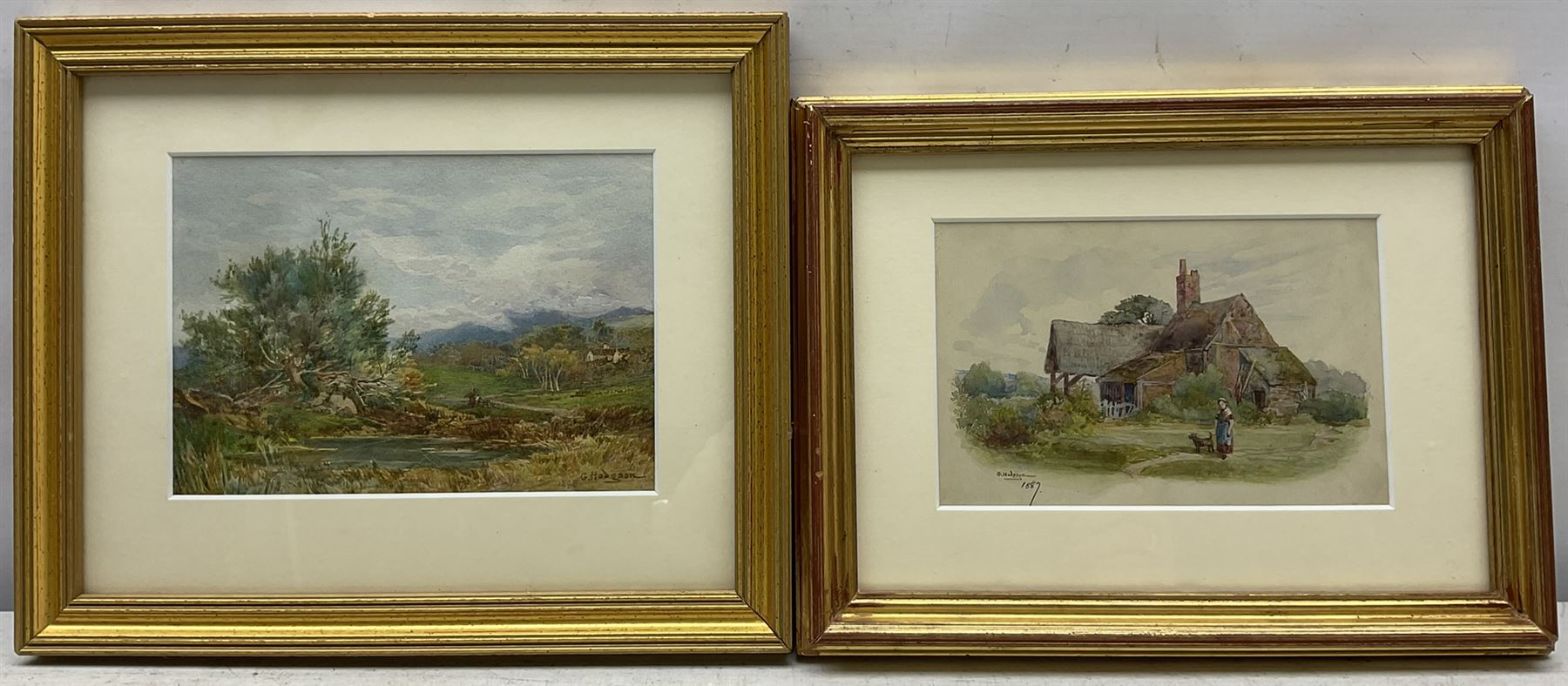 George Hodgson (British 1847-1921): Country Landscapes, two watercolours signed, dated 1898 and 1887, respectively, 12cm x 17cm and 10cm x 15cm (2) 
Notes: born in Nottingham, Hodgson lived in Grange-over-Sands and was a member of the Nottingham Society of Artists, acting as Vice-President 1908-1917. He exhibited many works at the Nottingham Castle Museum, the Royal Academy, Royal Birmingham Society of Artists, and Royal Society of British Artists.