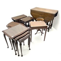 Oak barley-twist gate-leg tea table, two drop-leaf occasional tables, reproduction joint stool, nest of glass topped occasional tables, glass topped inlaid table and wine table
