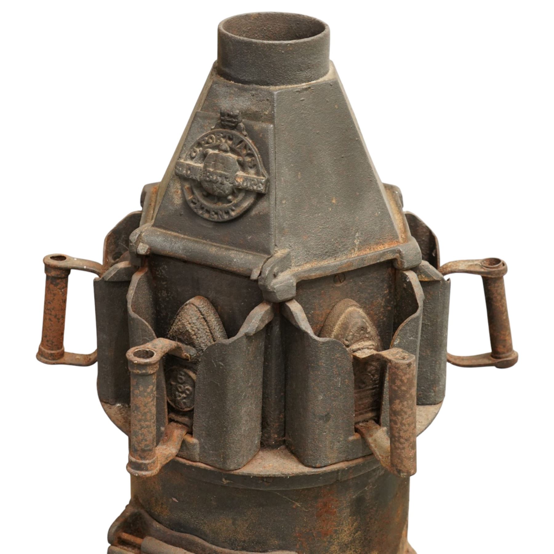 C Portways & Son (Halstead, Essex) - 19th century Slow But Sure Patent cast iron tortoise stove with five iron holders and irons