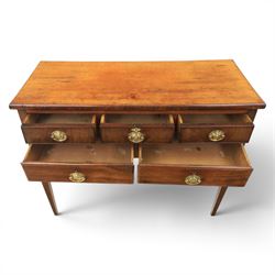 Georgian mahogany side table fitted with drawers, rectangular top over five drawers with brass handles, raised on tapering square supports