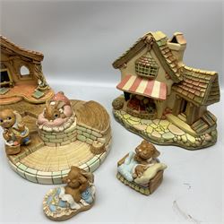 Collection of Pendelfin figures to include Band Stand 'Fruit Shop' and school house displays and six figures