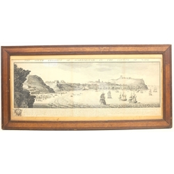 After Samuel Buck (British 1696-1779) and Nathaniel Buck (British 18th century): 'The South Prospect of Scarborough in the County of York', 18th century engraving pub. London 1745, 31cm x 80cm