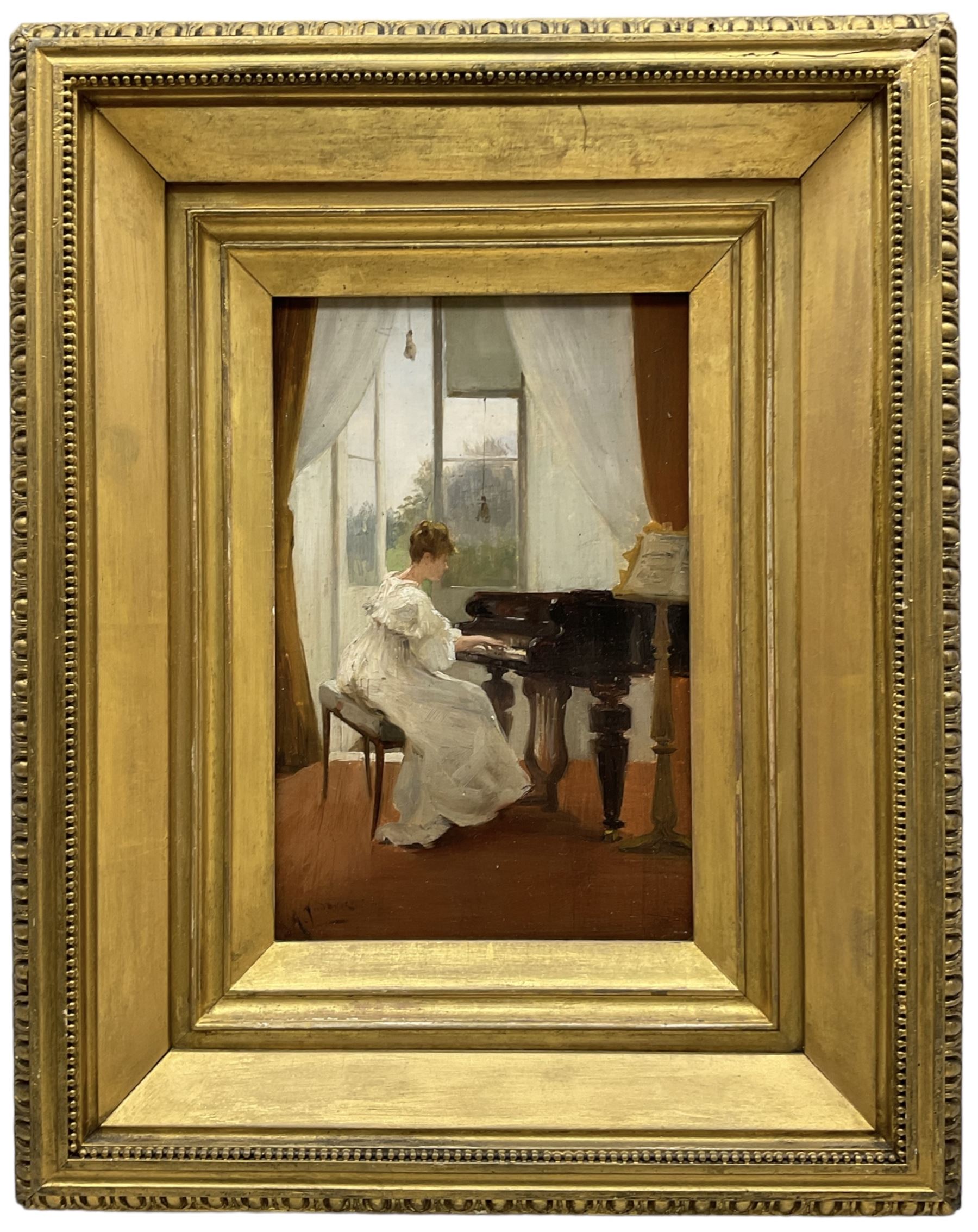 Albert Ludovici Jnr. (British 1852-1932): The Piano Recital, oil on panel signed 24cm x 16cm