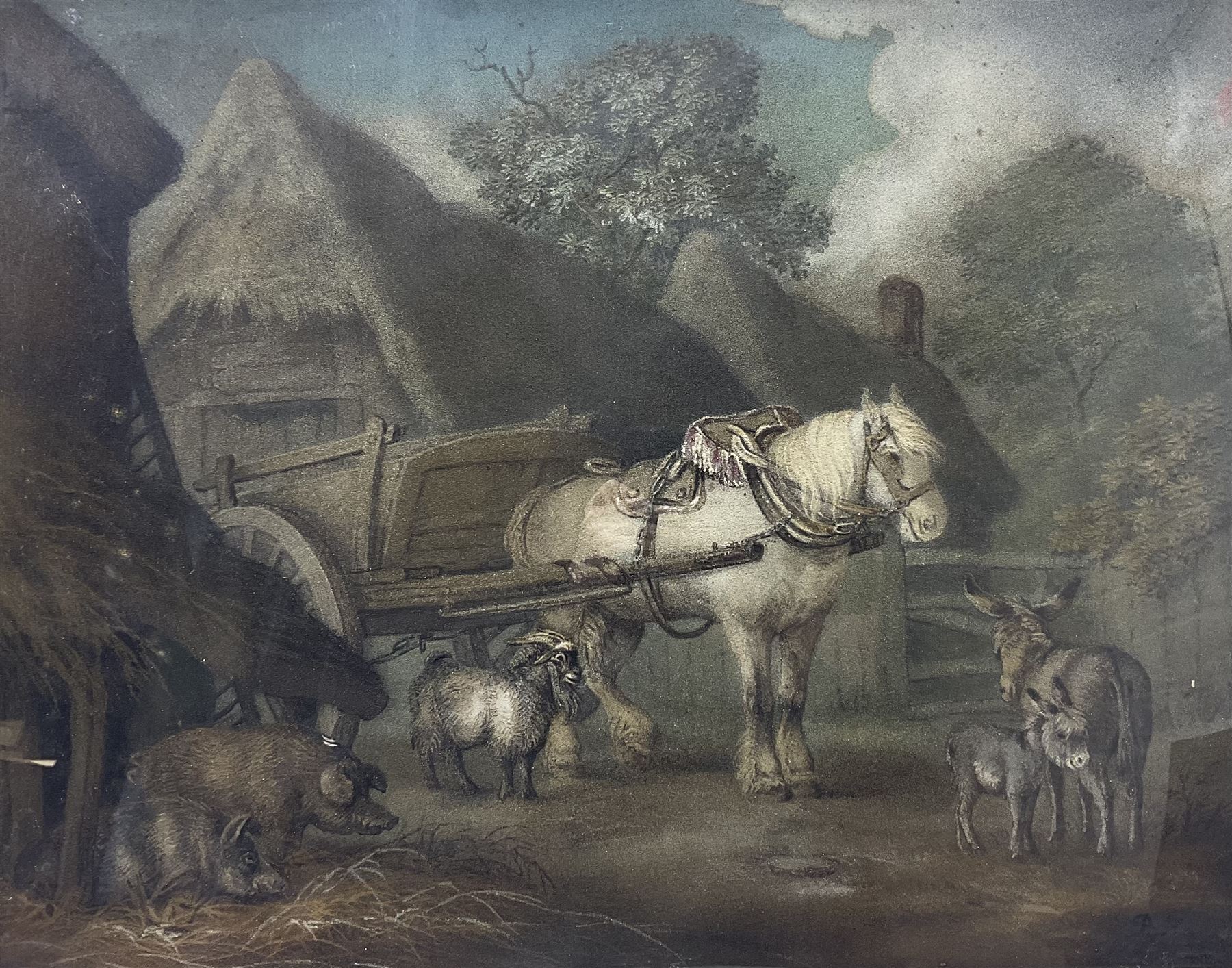 Benjamin Zobel (German/British 1762-1830): Animals in the Farmyard, 'Marmotinto' sand picture signed with initials 47cm x 59cm
