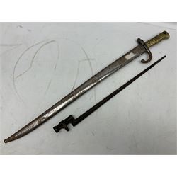 French model 1866 sabre bayonet, the 57.5cm curving blade marked St. Etienne 1873; in associated steel scabbard L71cm; and Mosin-Nagant M1891 socket bayonet with 43cm cruciform blade No.37068 (no scabbard) (2)