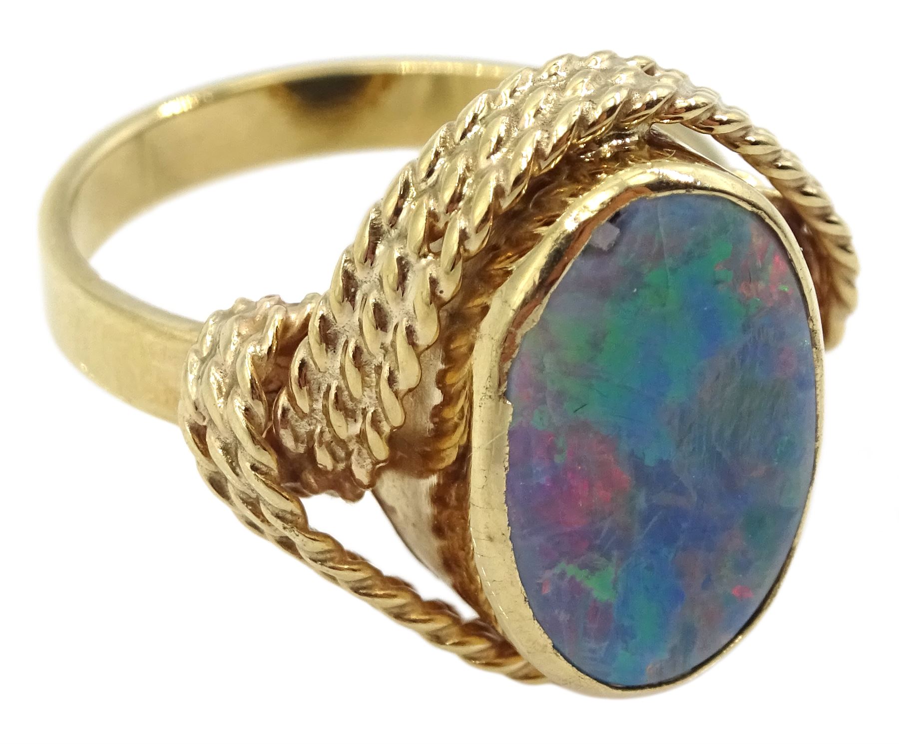 Gold oval opal doublet ring with rope twist design gallery, stamped 9ct