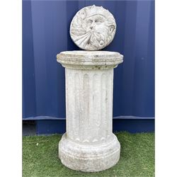 Classical composite stone garden pedestal with fluted body (H60cm), and a wall mask plate   - THIS LOT IS TO BE COLLECTED BY APPOINTMENT FROM DUGGLEBY STORAGE, GREAT HILL, EASTFIELD, SCARBOROUGH, YO11 3TX