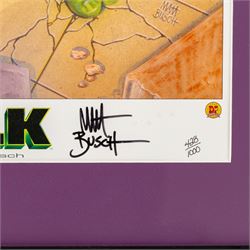Three limited edition Dynamic Forces Marvel prints, comprising Spider-Man Reflection of Evil no. 141/1962, Spider-Man vs. Green Goblin signed by artist John Watson and The Hulk Bursting Out signed by artist Matt Busch limited no. 428/1000 with certificate of authenticity, largest H57cm, W38cm