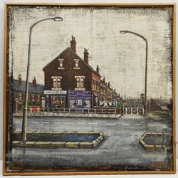 Stuart Walton (Northern British 1933-): Terraced Street Leeds, oil on board unsigned dated Nov. 74 - the reverse mounted with a canvas 'York Road Leeds' dated Sept. 74, 59cm x 59cm