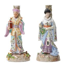 Pair of Ernst Bohne & Sohne Chinoiserie candlestick figures, impressed and faint blue anch...