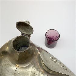 A Kayserzinn Art Nouveau pewter ink stand and pen tray, designed by Hugo Leven, of shaped oval form detailed with stylised tendrils, the hinged inkwell cover opening to reveal an amethyst glass liner, marked beneath Kayserzinn 4438, L21cm.