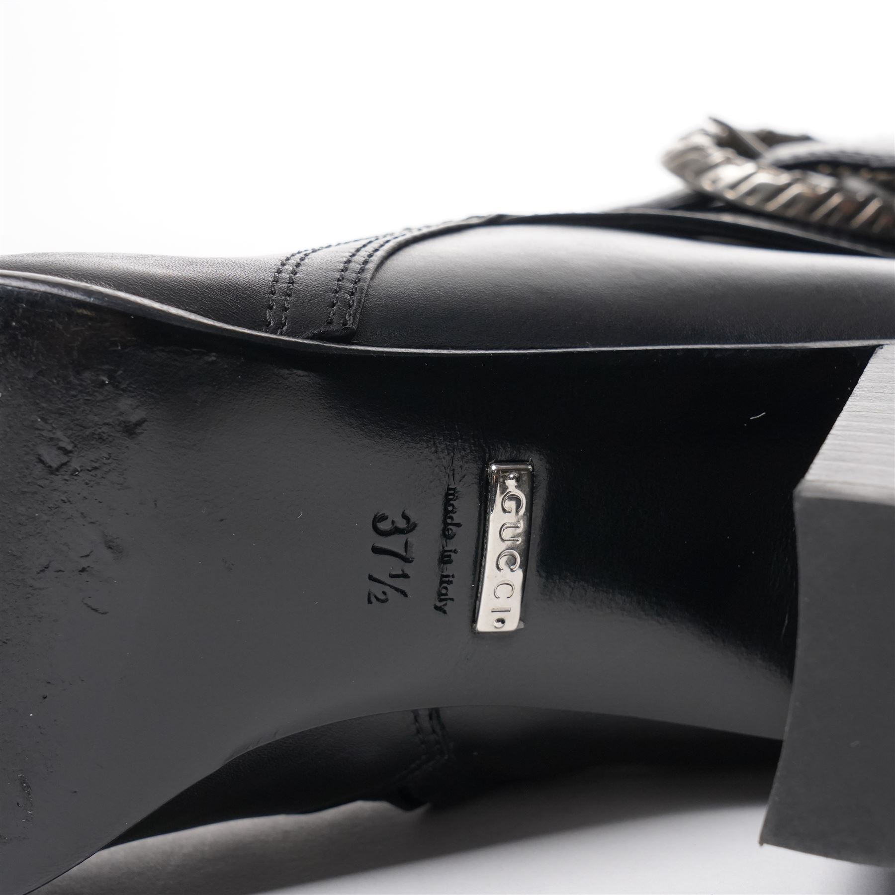Gucci - pair of Dionysus ankle black leather boots with block heels, with signature silver tone tiger head buckle fastening and full length zip, size 37½, total boot height 24cm, with original box and dust bags