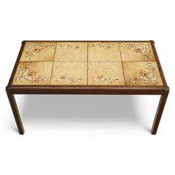 Mid 20th century living room furniture, comprising of a pair of Nathan teak dining chairs, each with curved open backrests and shaped seats, together with a Danish teak coffee table, rectangular top inset with decorative ceramic tiles, on square tapered supports
Chairs (H 73cm, W 48cm)
Table (H 41cm, W 81cm, D 47cm)